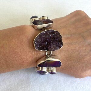 Chris Bales Sterling Silver 925 Heavy Amethyst Druzy Multi Gemstone Bracelet 61g